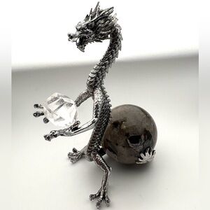 Metal Dragon Stand with Clear Quartz Crystal & Green Tourmaline Crystal Sphere